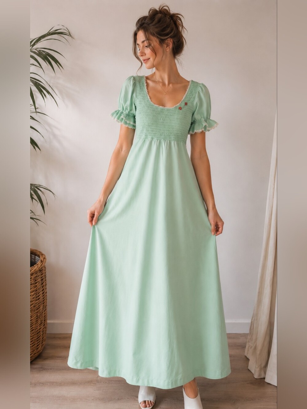 Vintage Mint Green Smocked Maxi Dress with Puff Sleeves